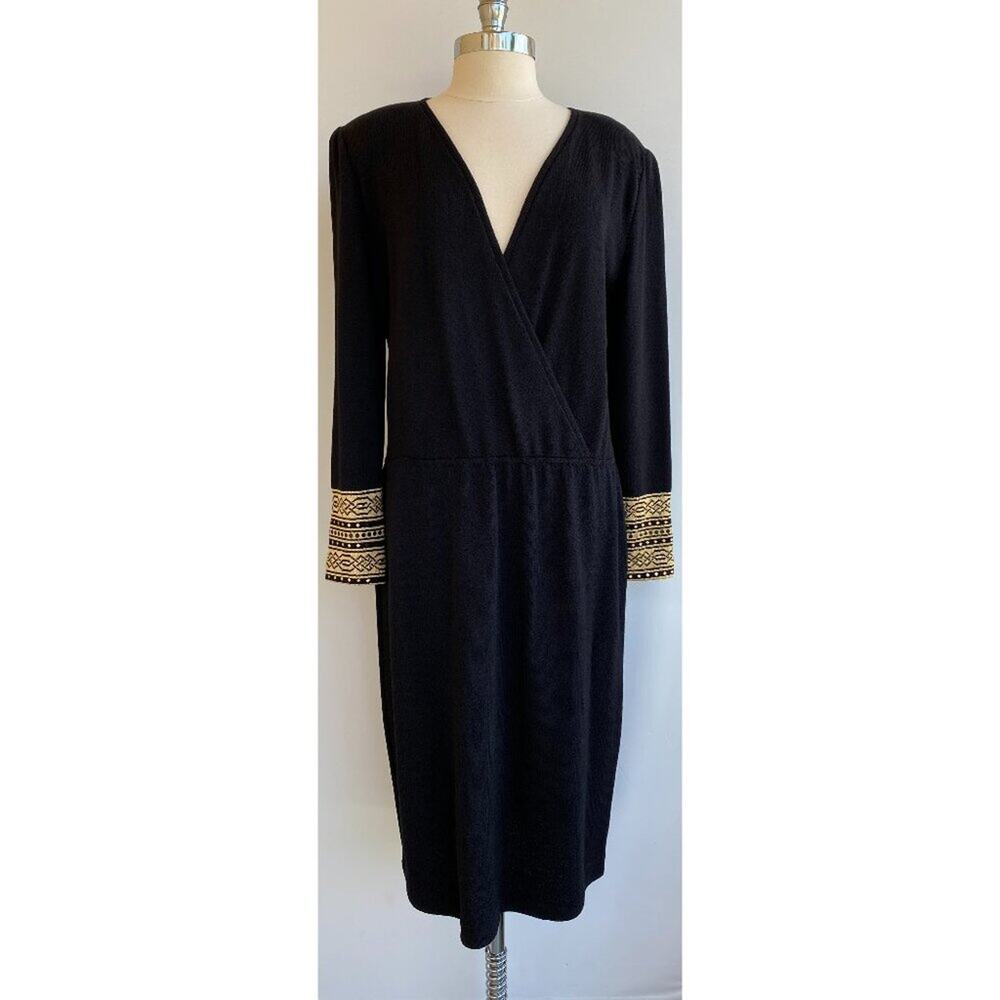 VTG St John Santana Knit Long Sleeve Knee Length Gold Cuff Dress sz 14/16